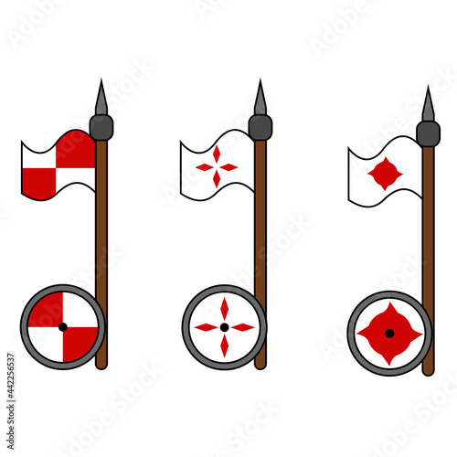 emblemas distintos sobre un escudo y su bandera 