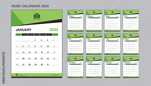 Planner design, Set Desk Calendar 2025 template Vector, wall calendar 2025 year, Week Start On Sunday, Stationery, Printing, advertisement, green background