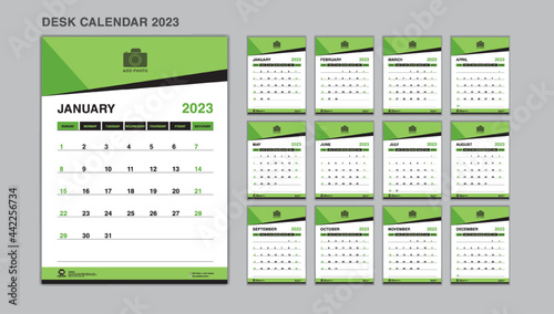 Planner design, Set Desk Calendar 2023 template Vector, wall calendar 2023 year, Week Start On Sunday, Stationery, Printing, advertisement, green background