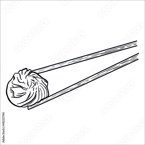 dumplings. chopsticks. asian food. momo. gyoza. dim sum. wonton. Baozi. Xiaolongbao. Shumai. Chinese cuisine. black and white hand draw. vector eps 10