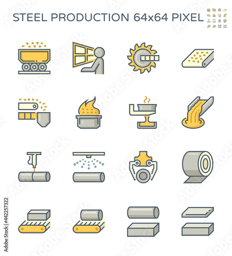 Steel production industry, manufacturing and metallurgy vector icon with mining and machine equipment i.e. production line, furnace, foundry. Include process of smelting, casting and making product.