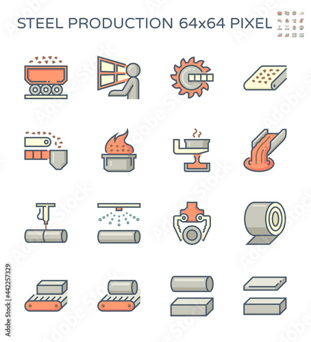 Steel production industry, manufacturing and metallurgy vector icon with mining and machine equipment i.e. production line, furnace, foundry. Include process of smelting, casting and making product.