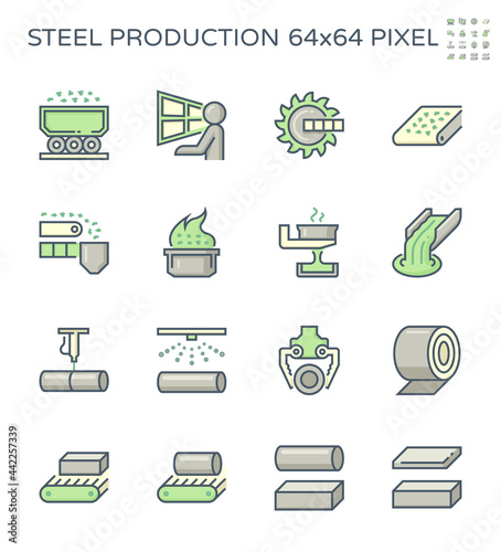 Steel production industry, manufacturing and metallurgy vector icon with mining and machine equipment i.e. production line, furnace, foundry. Include process of smelting, casting and making product.
