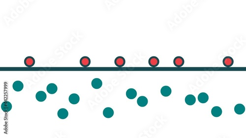 Animation of movement of particles through a barrier or filter. White, transparent background with alpha channel. Screening, rejection of stream elements. Filtration, sorting of particles, information