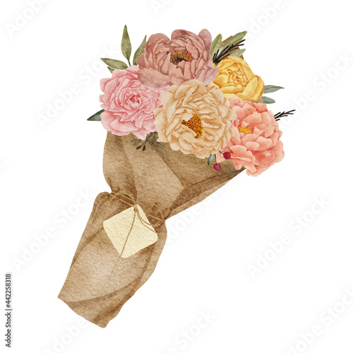 Peony flower bouquet with paper wrap watercolor illustration