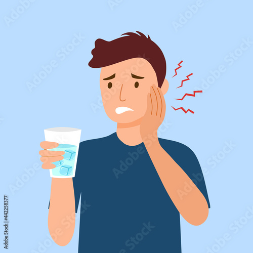 Man with sensitive teeth and hand holding glass of cold water in flat design. Dental problem concept vector illustration.