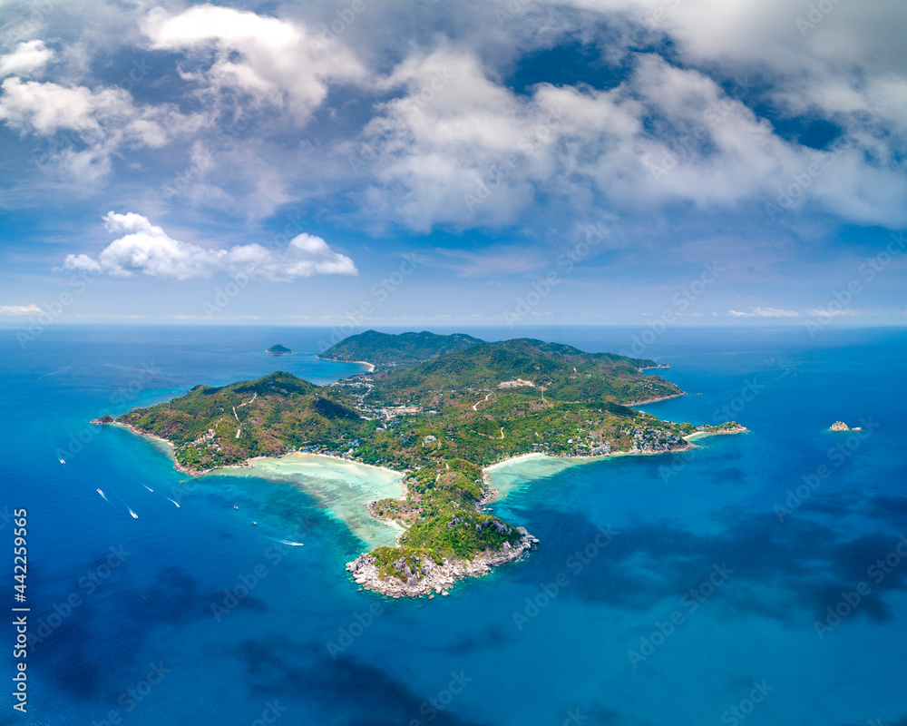 View of Koh Tao from the South looking North, Thailand with copy space and no people South East Asia Drone Aerial UAV