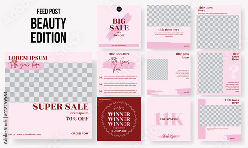 Set of editable social media instagram post beauty, skincare, salon, spa, cosmetic, makeup with pink design vector template ai and eps 10