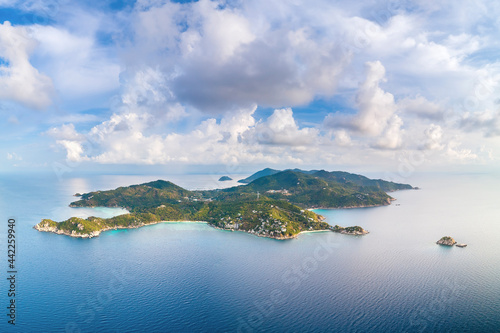 Koh Tao Island Drone aerial uav altitude wide angle landscape of dream destination of a scuba diving paradise in the gulf of Thailand with copy space and no people