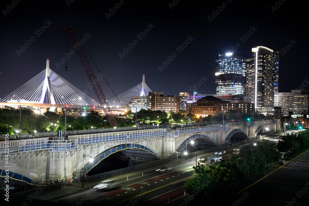 Boston Cityscape with Zakim Bridge at Night