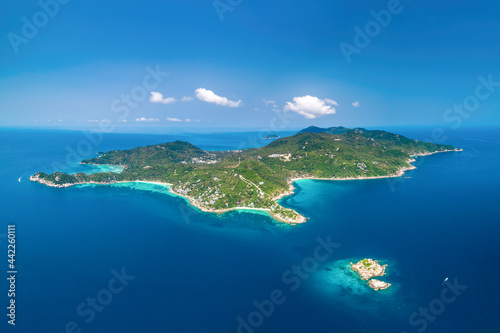 Koh Tao Island Drone aerial uav altitude wide angle landscape of dream destination of a scuba diving paradise in the gulf of Thailand with copy space and no people