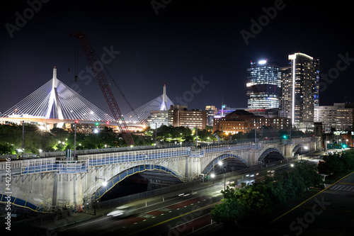 Boston Cityscape with Zakim Bridge at Night photo