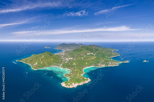 Koh Tao Island Drone aerial uav altitude wide angle landscape of dream destination of a scuba diving paradise in the gulf of Thailand with copy space and no people © Huw Penson