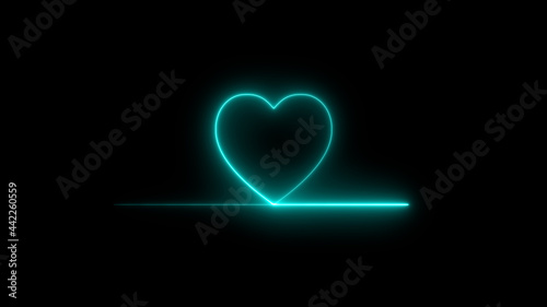 Colorful abstract heart line neon blazing symbol sign on black background. Heart beat neon line glowing moving motion. 
