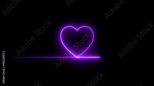 Colorful abstract heart line neon blazing symbol sign on black background. Heart beat neon line glowing moving motion. 