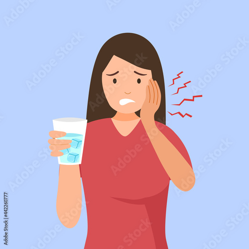 Woman with sensitive teeth and hand holding glass of cold water in flat design. Dental problem concept vector illustration.
