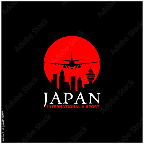 Silhouette Japan Travel Logo with Red Sun and Airport Tower, City Building below Airplane