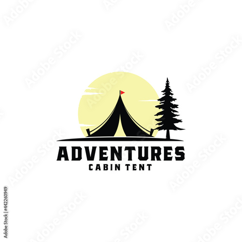 Vintage Cabin Tent Mountain Camping Vector Logo Label Design
