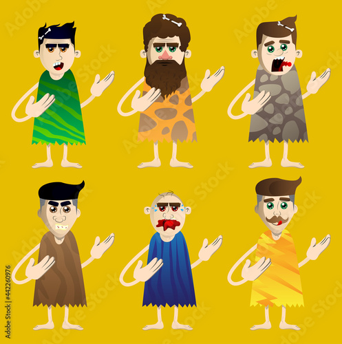 Cartoon prehistoric man showing something with both hands, powerful hand gesture. Vector illustration of a man from the stone age.