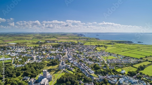 Cathedral at St Davids City, Pembrokeshire, Wales drone aerial photo landscape with copy space and no people