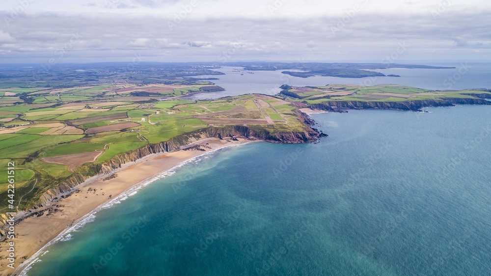 Gateholm Island at Marloes Beach, Pembrokeshire, Wales, drone aerial shot with copy space Gateholm Island at Marloes Beach, Pembrokeshire, Wales, drone aerial shot with copy space