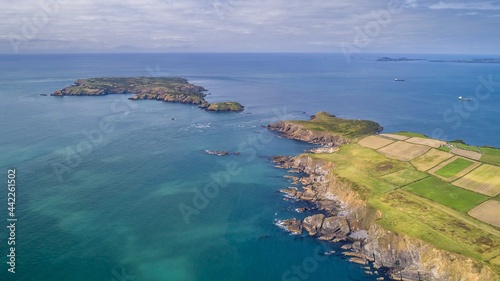 Gateholm Island at Marloes Beach, Pembrokeshire, Wales, drone aerial shot with copy space