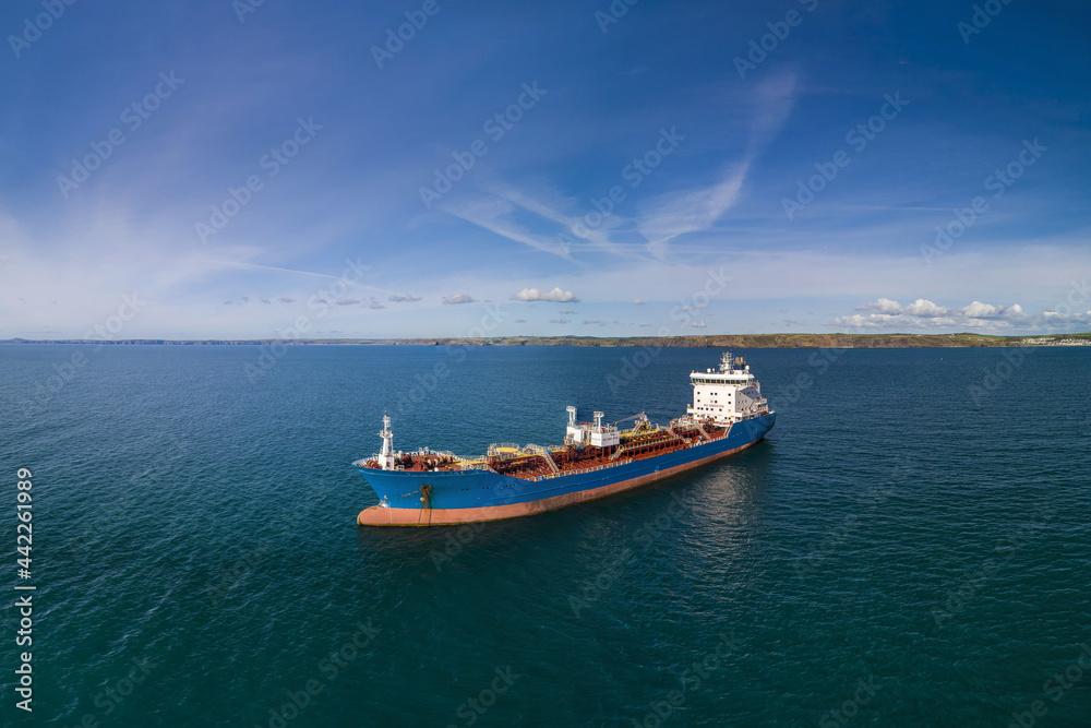 Oil Tanker in the Irish sea off of the Pembrokeshire Coast, Wales, drone shot