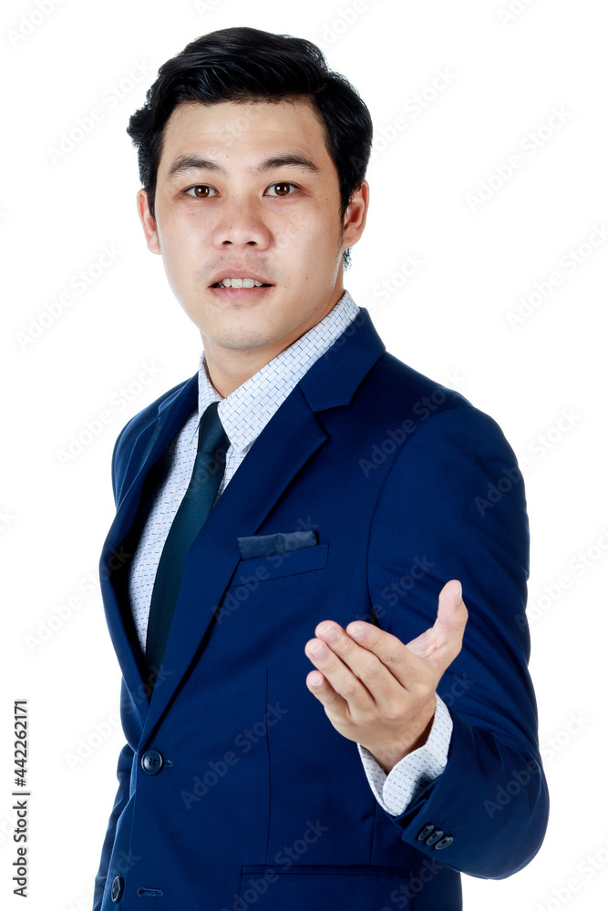 Young attractive asian business man wearing navy blue suit with white shirt and necktie doing come on hands sign. White background isolated Young attractive asian business man wearing navy blue suit with white shirt and necktie doing come on hands sign. White background isolated