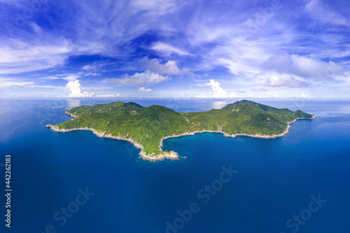 Koh Tao Island Thailand Drone Aerial Shot with Copy Space blue green turquoise landscape panorama, Ko Tao Island