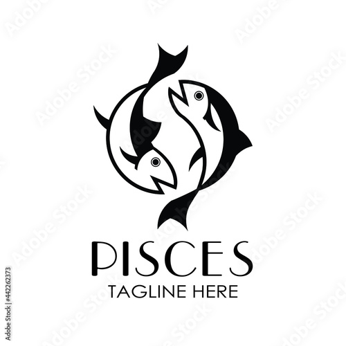 Twin fish silhouette illustration Pisces zodiac horoscope for vintage retro classic fishing seafood restaurant logo design vector