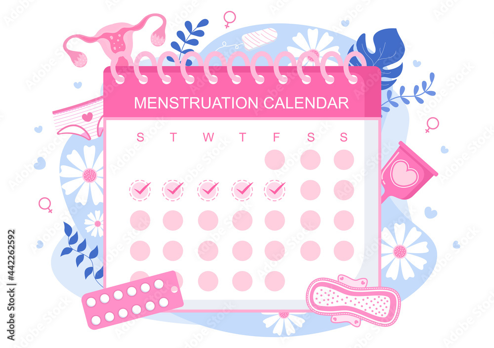 Menstruation Period Calendar Women To Check Date Cycle. Illustration of Reproductive Organs Female, Sanitary Napkin and Medicine Menstruation Period Calendar Women To Check Date Cycle. Illustration of Reproductive Organs Female, Sanitary Napkin and Medicine