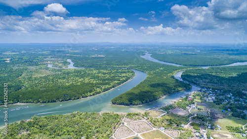 Krabi Town Thailand drone aerial ariel view of Pak Nam Krabi and Andaman Sea Panoramic Panorama Copy Space No People Mountains Limestone Drone Aerial Ariel UAV