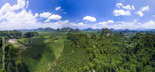 Fototapeta Naklejka Na Ścianę i Meble -  Krabi Town Thailand drone aerial ariel view of Pak Nam Krabi and Andaman Sea Panoramic Panorama Copy Space No People Mountains Limestone