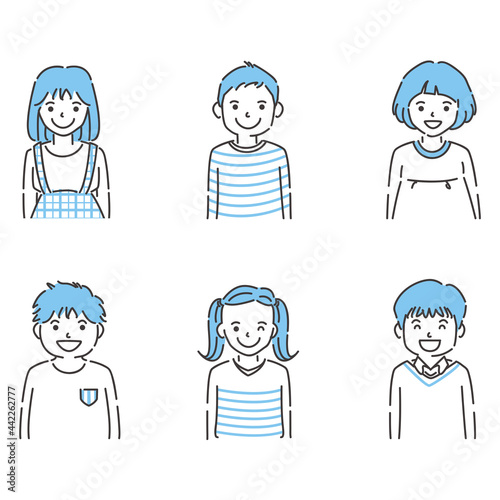 線画人物アイコン　男の子女の子 上半身6人