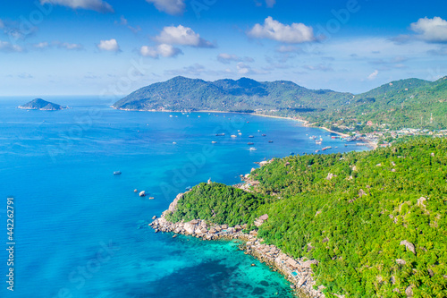 Koh Tao Island Ko Tao Island Thailand Drone Aerial Shot with Copy Space blue green turquoise landscape panorama