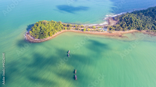 Laem Hua Mong-Kho Kwang Viewpoint in Chumphon Thailand, sea land drone aerial view with copy space and boats photo