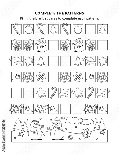 Winter holidays math worksheet with sequential patterns

