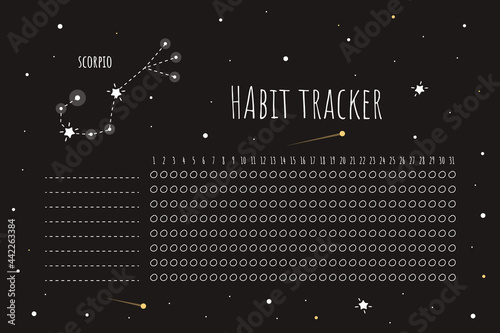 Habit tracker template with scorpio sign in flat design