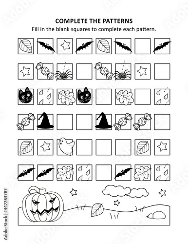 Halloween math worksheet with sequential patterns

