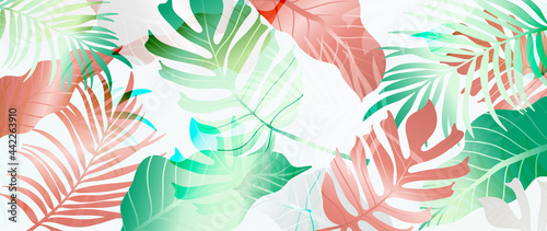 Abstract art tropical leaves background vector. Wallpaper design with watercolor art texture from palm leaves, Jungle leaves, monstera leaf, exotic botanical floral pattern. Design for banner, cover, 