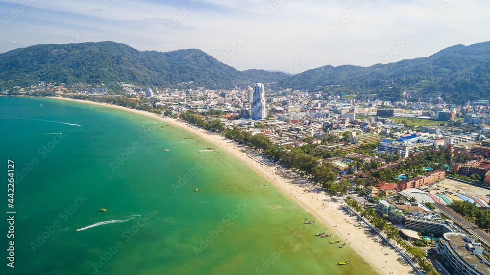 Patong Beach, Thailand Aerial Drone UAV landscape with copy space sunny weather
