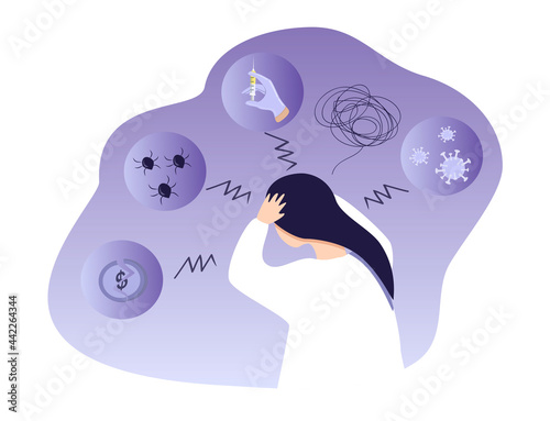 vector illustration on the theme of anxiety, phobias, fears. the girl holds her head with her hands, around her - various phobias. trend illustration in flat style