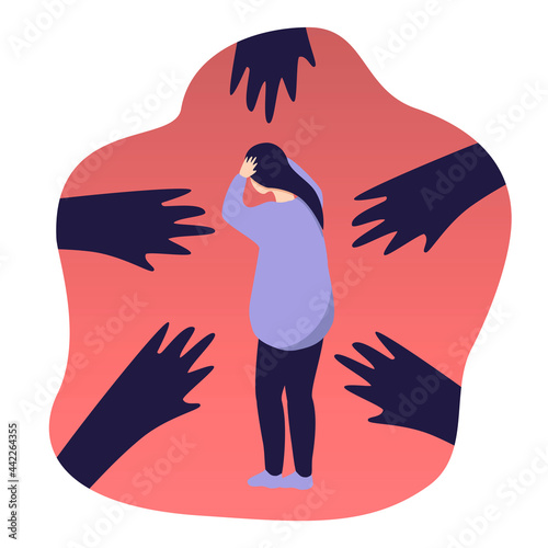 vector illustration on the theme of panic attacks, fear, phobias. the girl is standing with her head clasped in her hands. big hands reach out to her. trendy flat style illustration