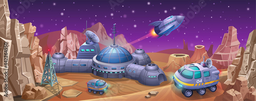 Space colony with rovers on the planet Mars. A spaceship takes off from an alien research station.