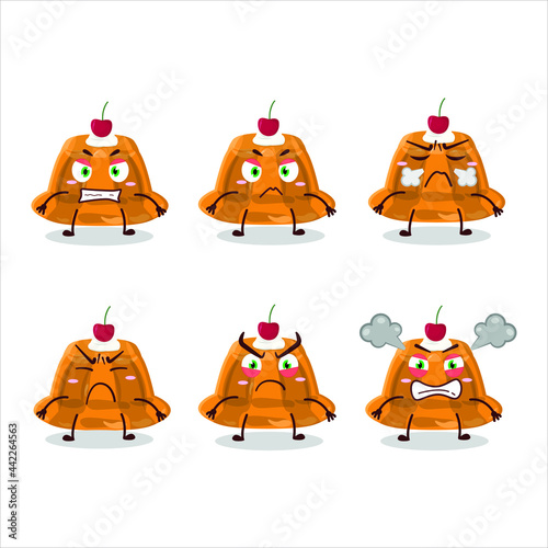 Orange pudding with cerry cartoon character with various angry expressions. Vector illustration