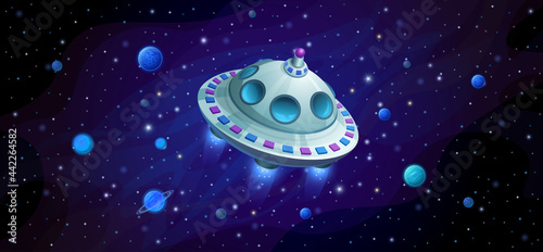 Alien flying saucer in space among planets and asteroids.