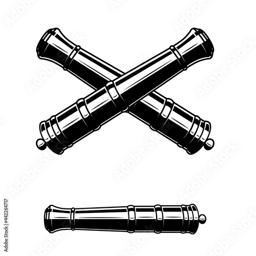 Illustration of ancient cannon. Design element for logo, label, sign, poster. Vector illustration