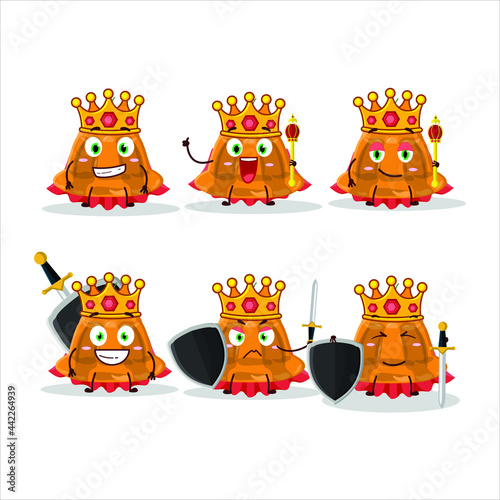 A Charismatic King orange pudding with cerry cartoon character wearing a gold crown. Vector illustration