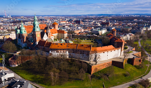 Top view of the fortified architectural complex of the Wawel Castle and the Vaulted Basilica on the banks of the Vistula River in spring, Krakow, Poland.