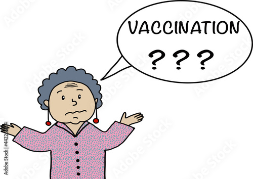 Adult woman hesitates about vaccination. Health care concept. Questions, doubts, hesitation. Hand drown doodle scketch illustration